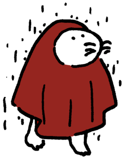 (ポンチョ姿で雨に降られている)
